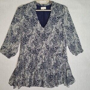 Melloday Paisley Floral Ruffle Tiered V Neck Tunic Lined Mini Dress Medium Blue